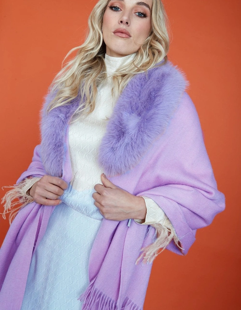 Pink Cashmere Wrap with Faux Fur Trim and Tassels