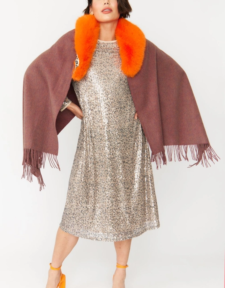 Cashmere Wrap with Faux Fur Trim and Tassels
