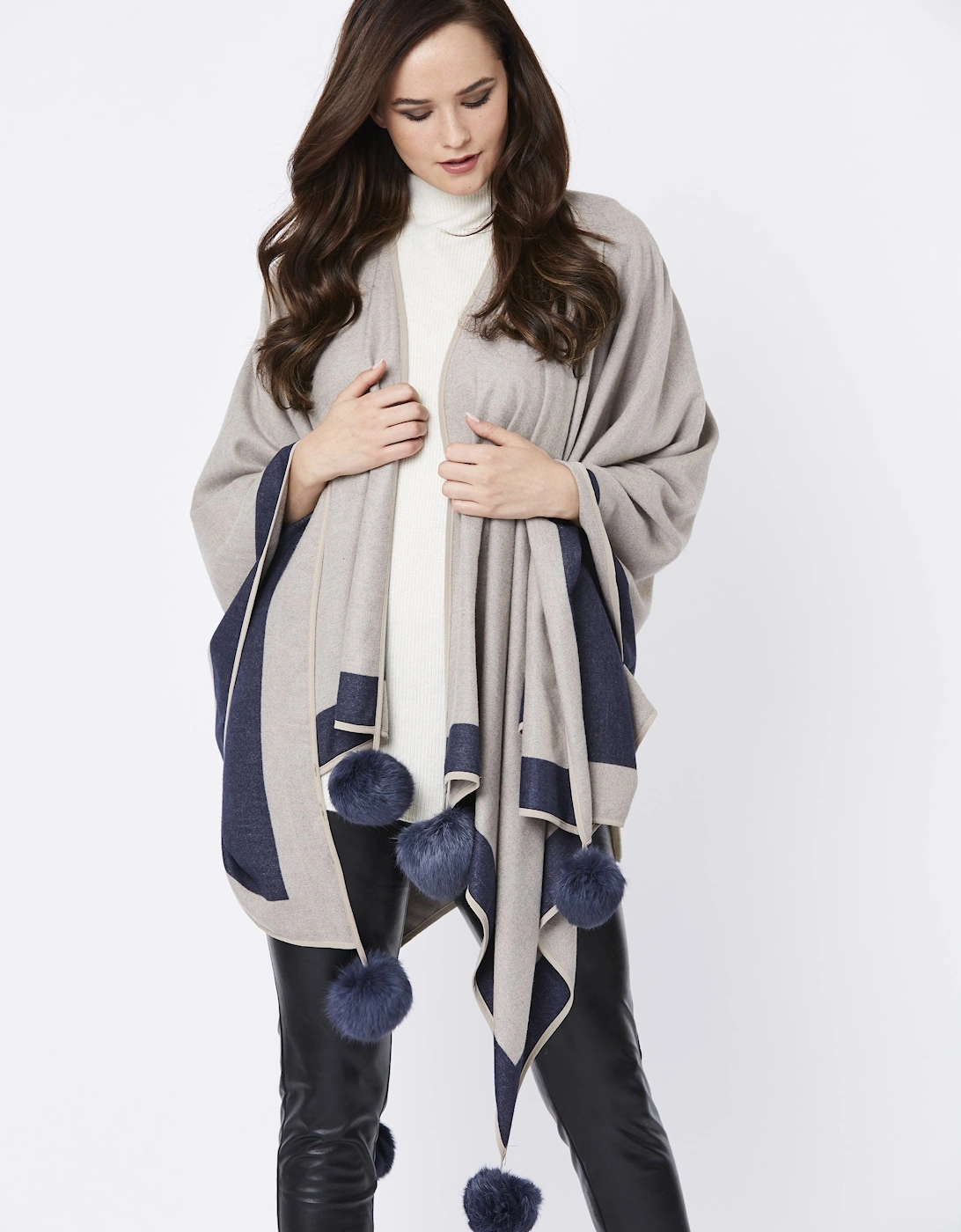 Blue Luxury Reversible Cashmere Blend Pom Pom Wrap