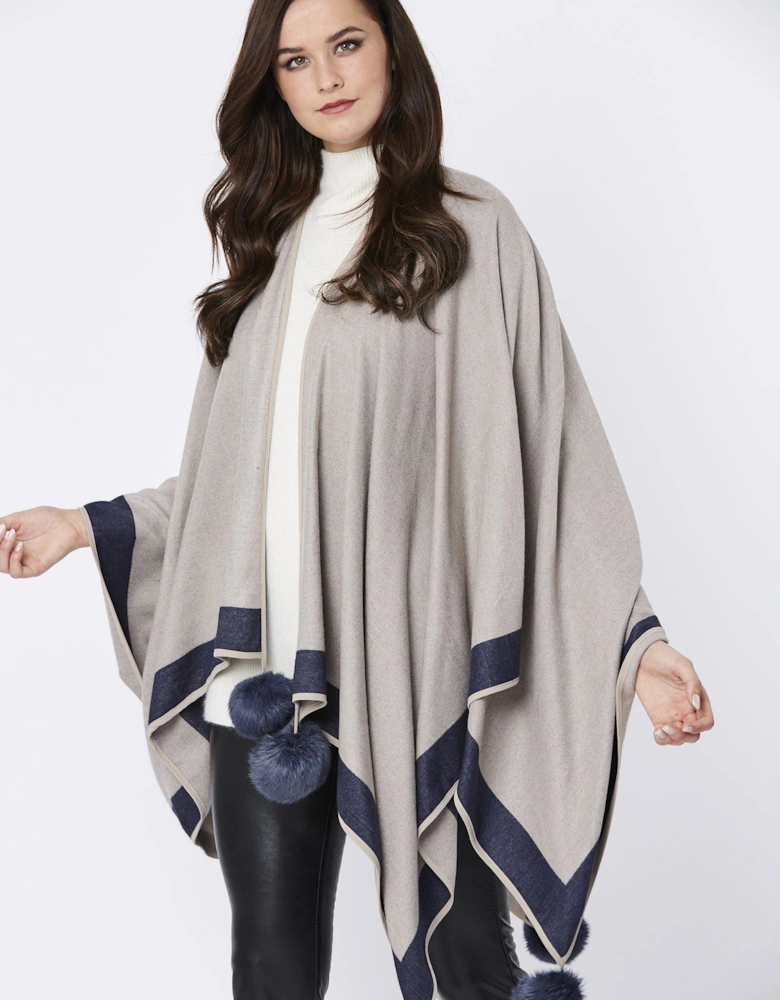 Blue Luxury Reversible Cashmere Blend Pom Pom Wrap