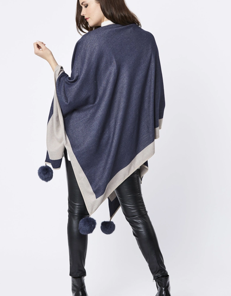 Blue Luxury Reversible Cashmere Blend Pom Pom Wrap