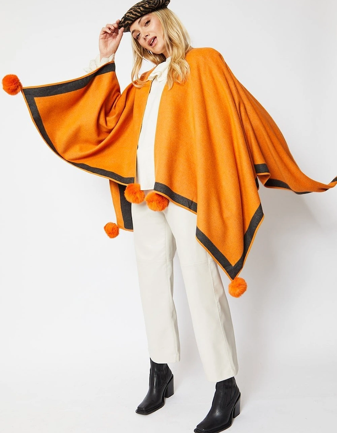 Orange Luxury Reversible Cashmere Blend Pom Pom Wrap, 4 of 3