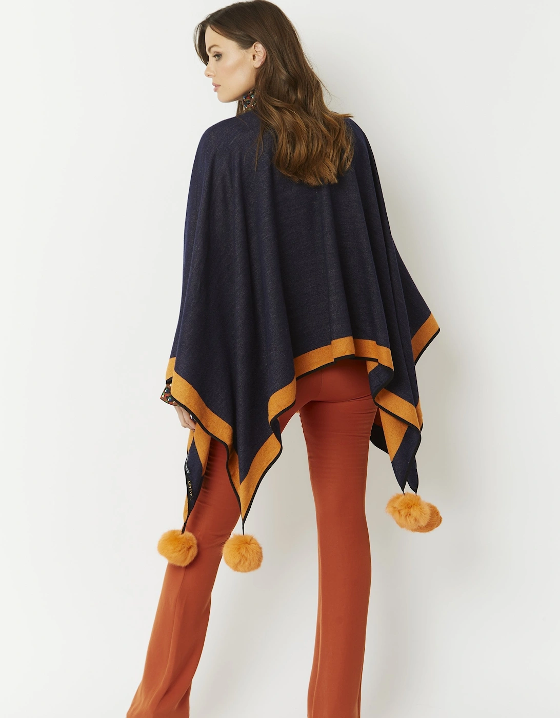 Navy Luxury Reversible Cashmere Blend Pom Pom Wrap