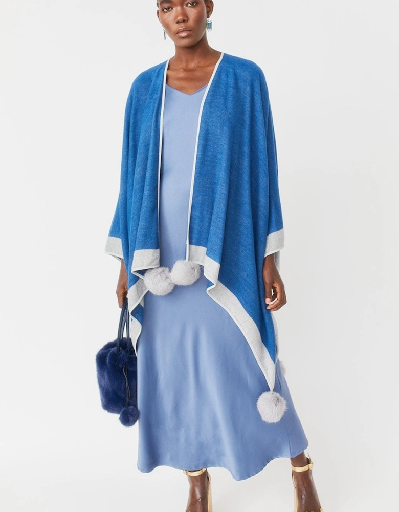 Blue Luxury Reversible Cashmere Blend Pom Pom Wrap