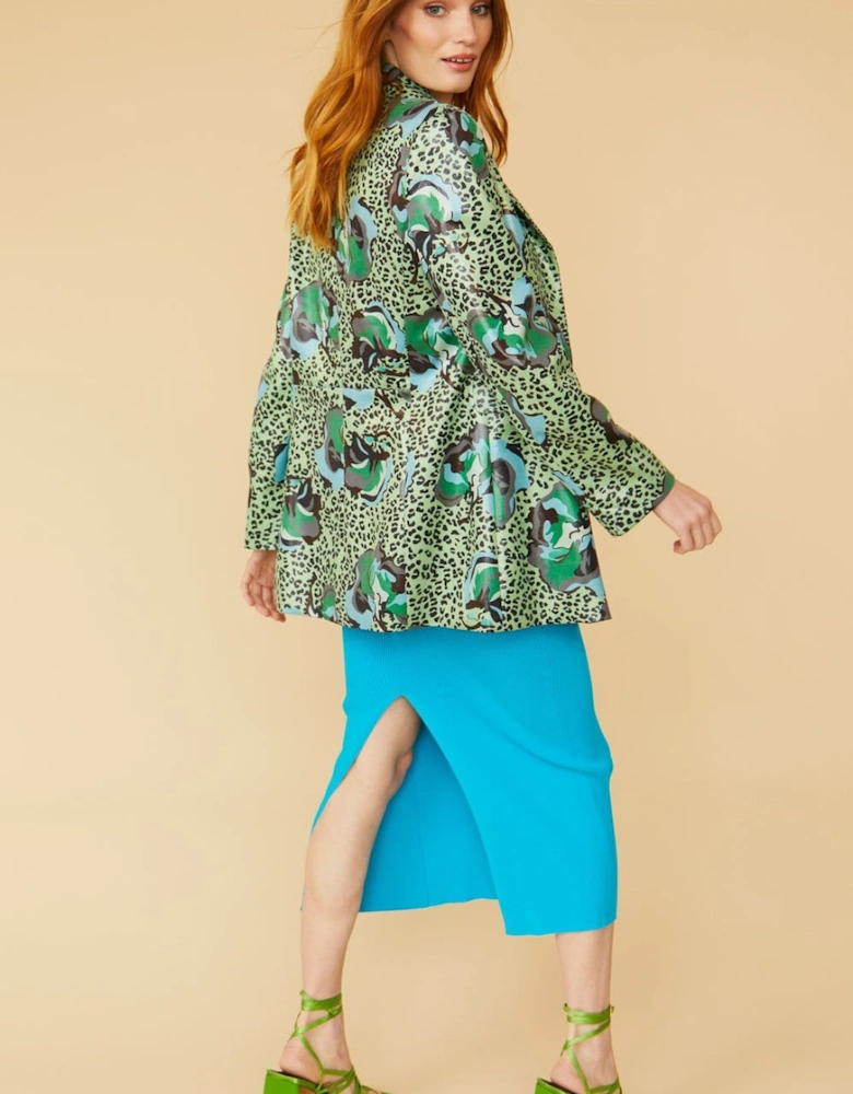 Green Silk Blend Animal Print Floral Blazer