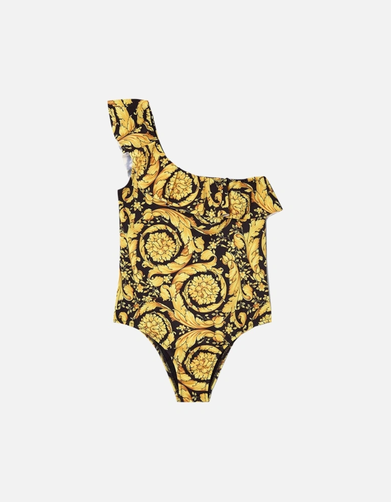 Girls Barocco Print One Shoulder Swimsuit Gold
