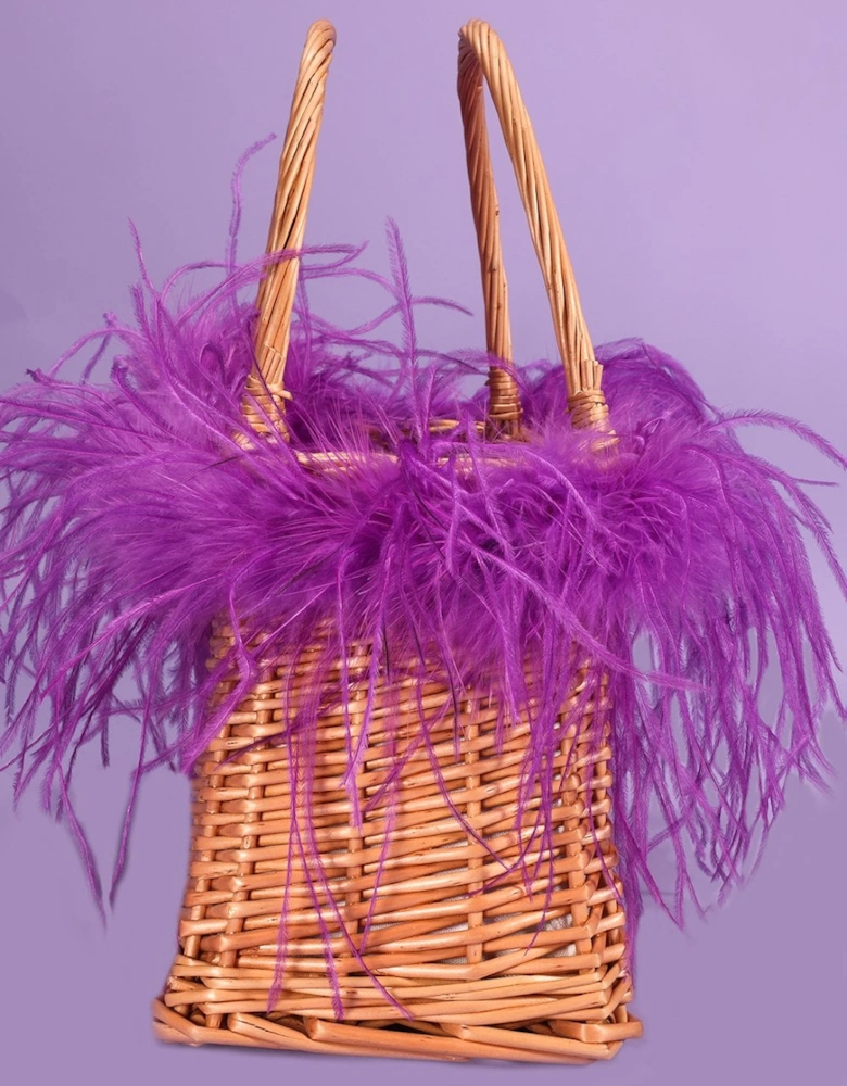 Purple Hand Made Salines Straw Bag with Ostrich Feather