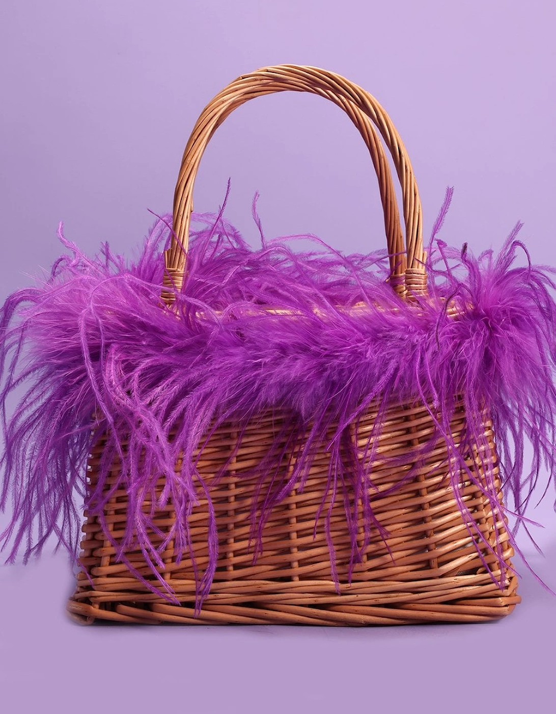 Purple Hand Made Salines Straw Bag with Ostrich Feather