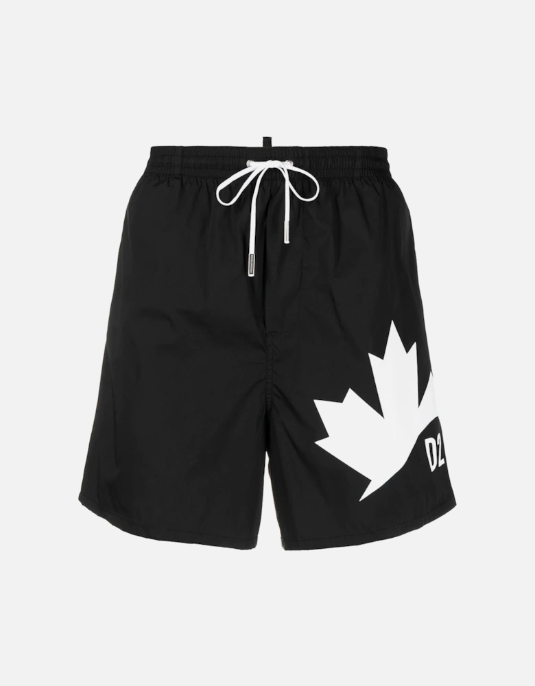 Maple Leaf Logo Print Swim Shorts in Black