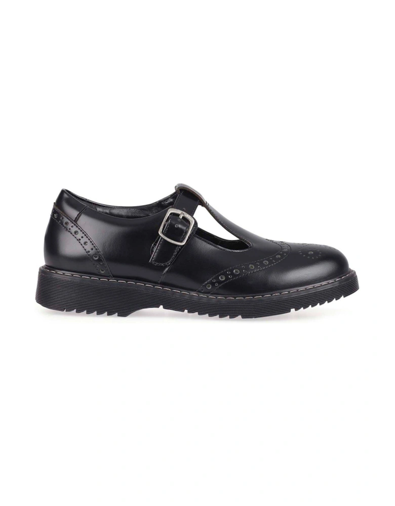 Imagine Girls Leather T-bar Buckle Chunky Sole School Shoes with Brogue Styling - Black