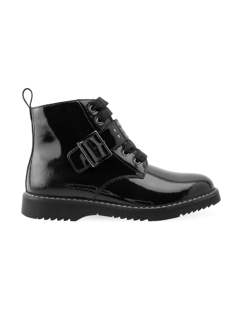 Icon Girls Black Patent Leather Zip And Lace Up School Boots With Chunky Sole - Black
