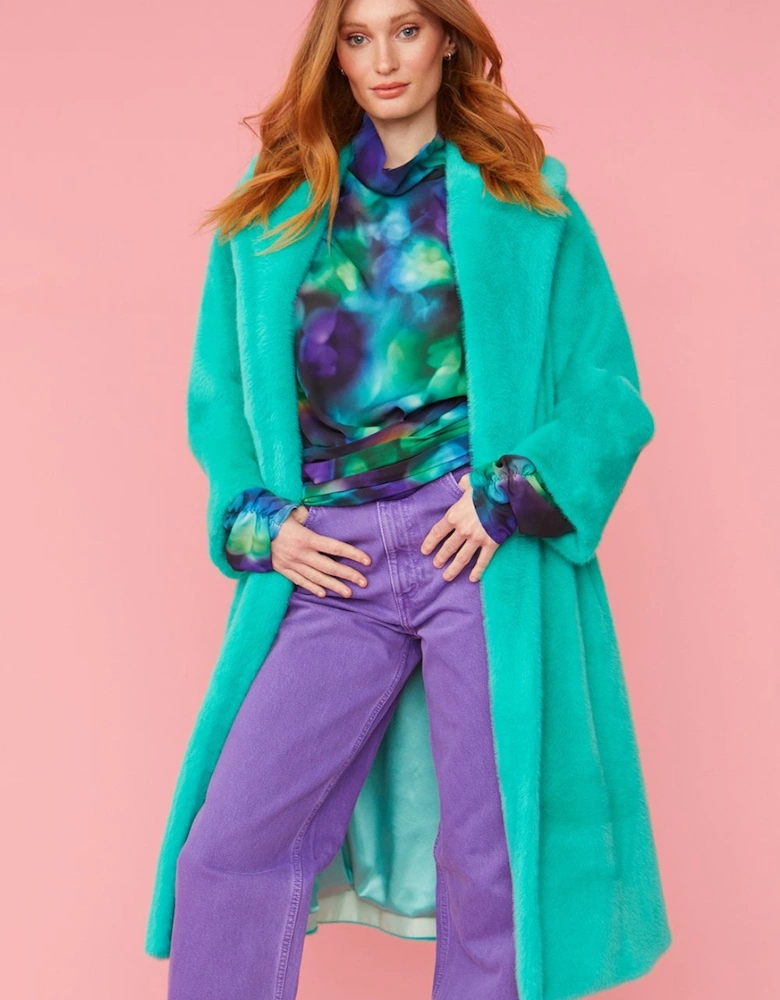 Turquoise Faux Fur Midi Coat