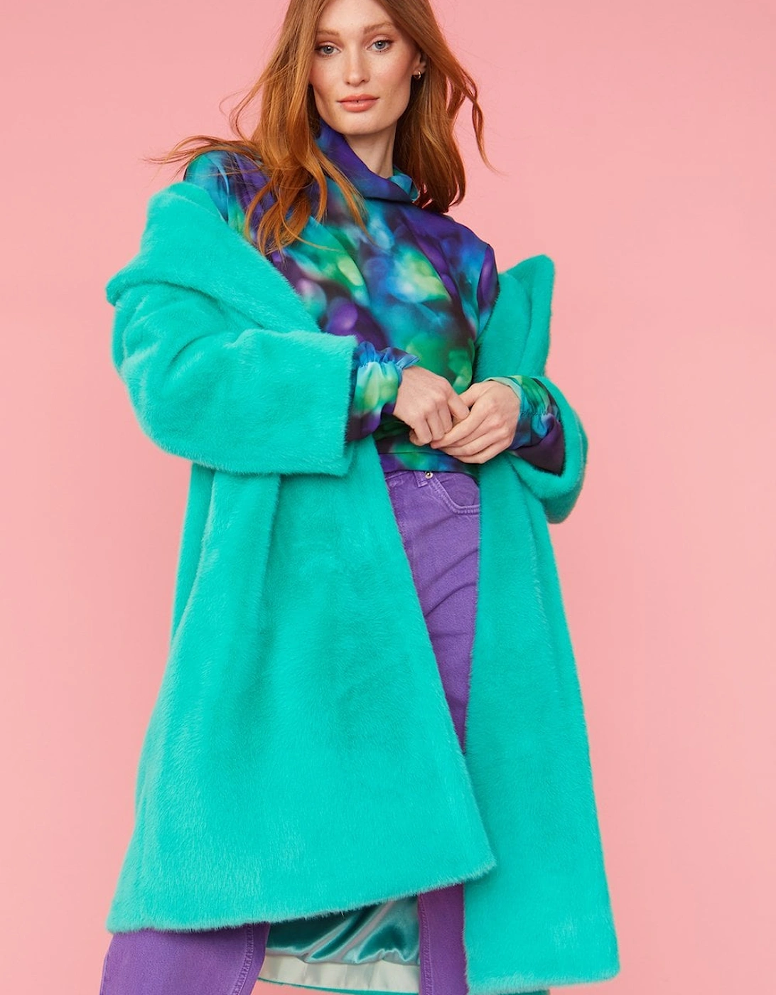 Turquoise Faux Fur Midi Coat