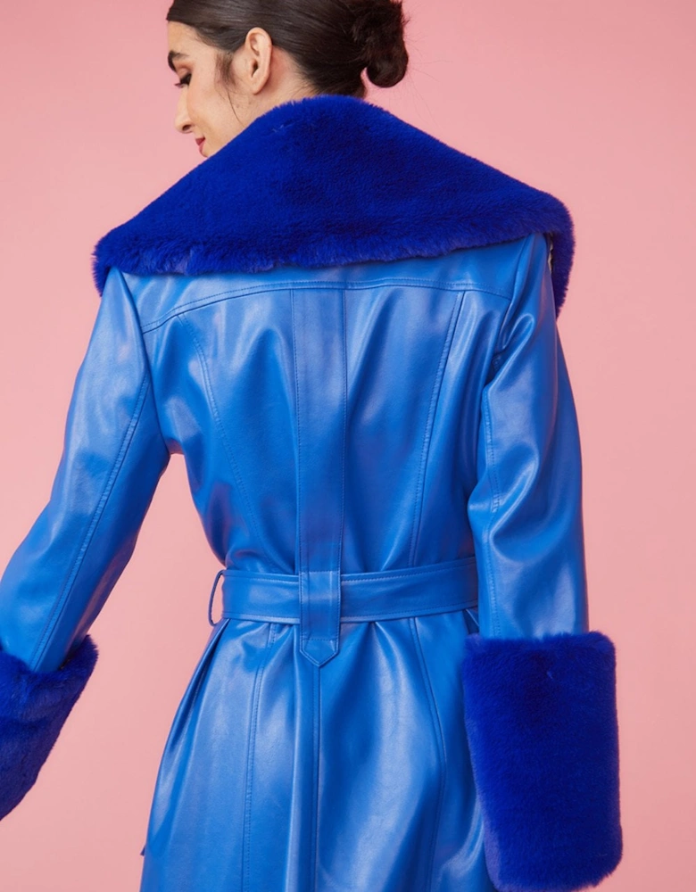 Blue Trench Style Belted Coat with Faux Fur Cuffs and Collar