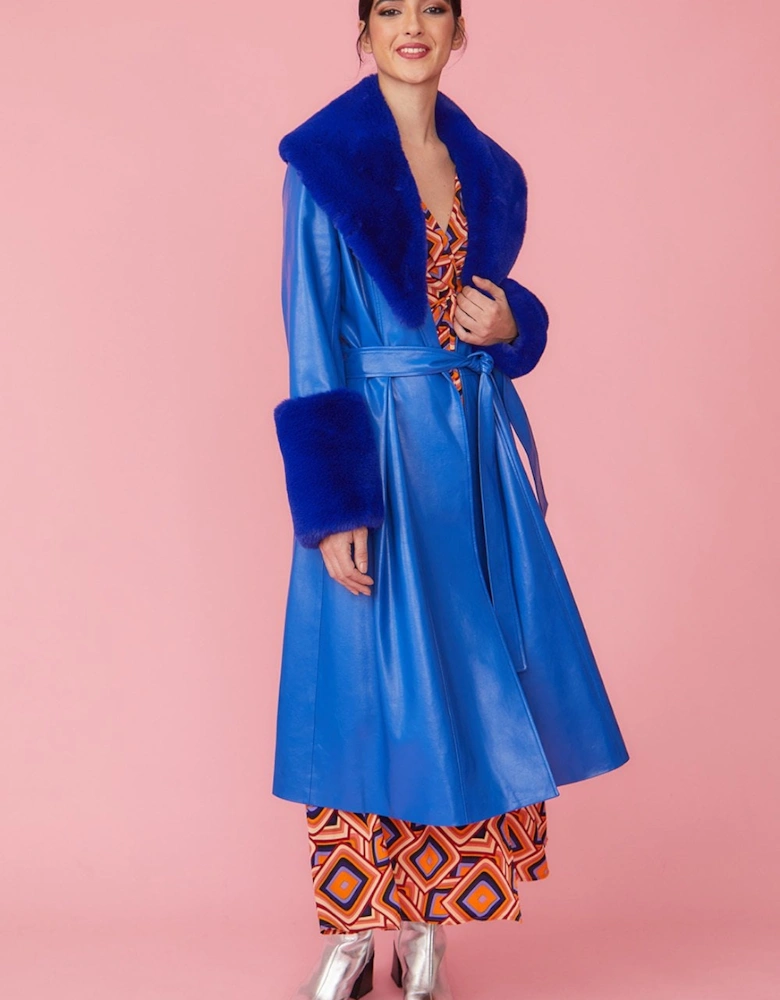 Blue Trench Style Belted Coat with Faux Fur Cuffs and Collar