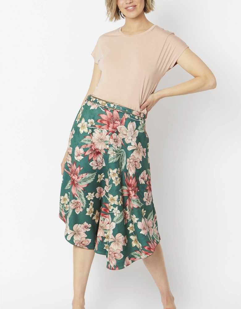 Green Floral Print Faux Suede Skater Skirt