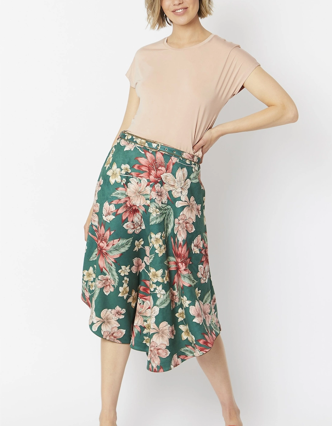 Green Floral Print Faux Suede Skater Skirt, 4 of 3