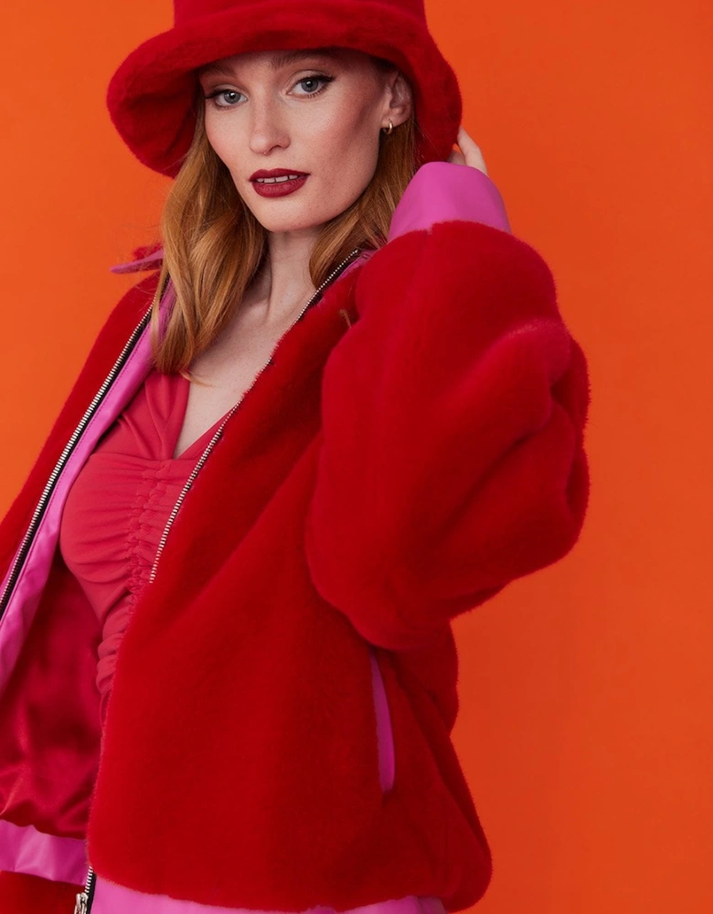 Red Faux Fur Bomber Jacket