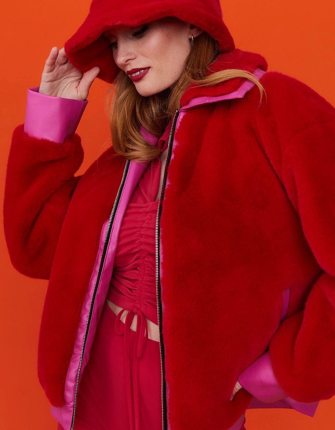 Red Faux Fur Bomber Jacket