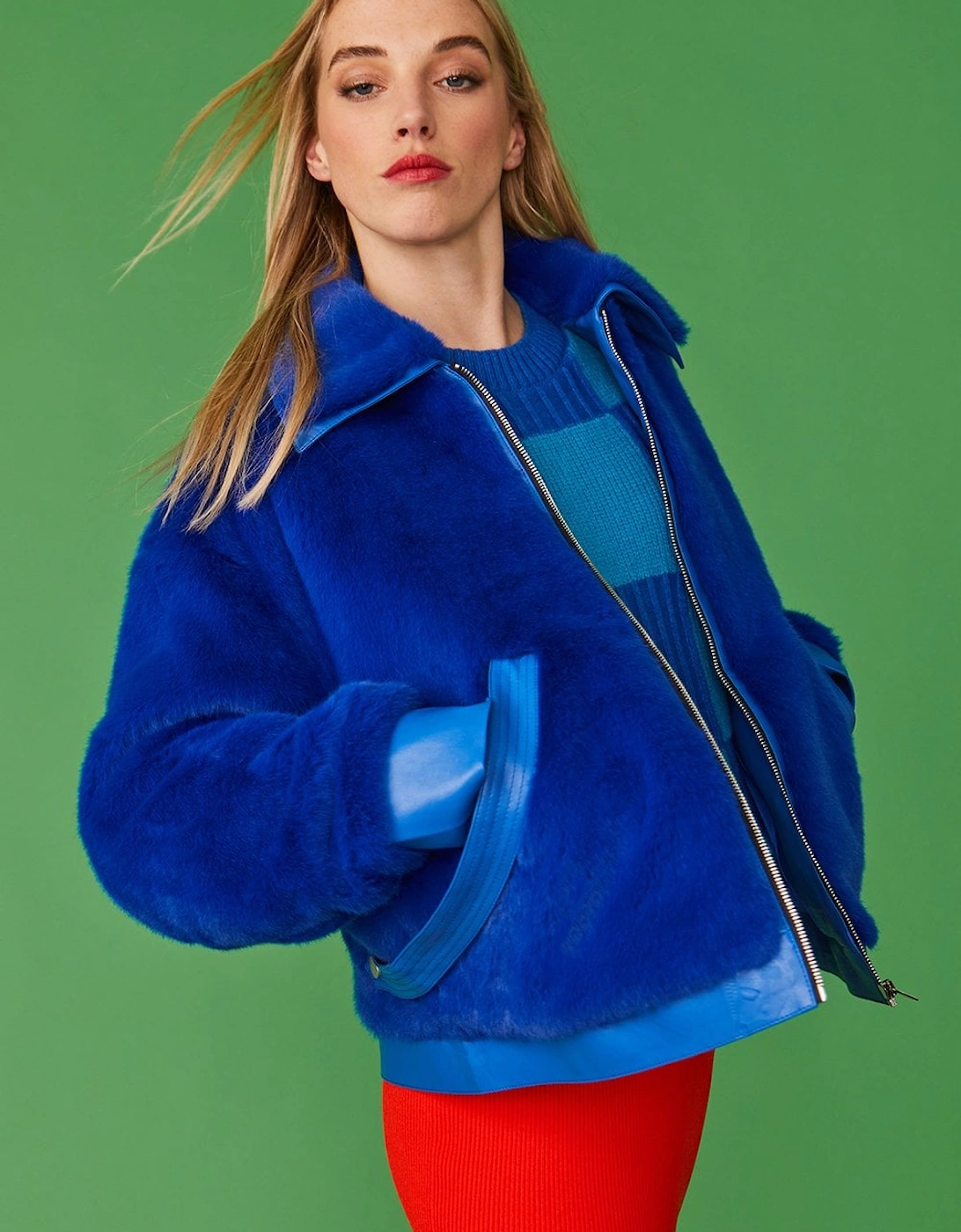 Blue Faux Fur Bomber Jacket