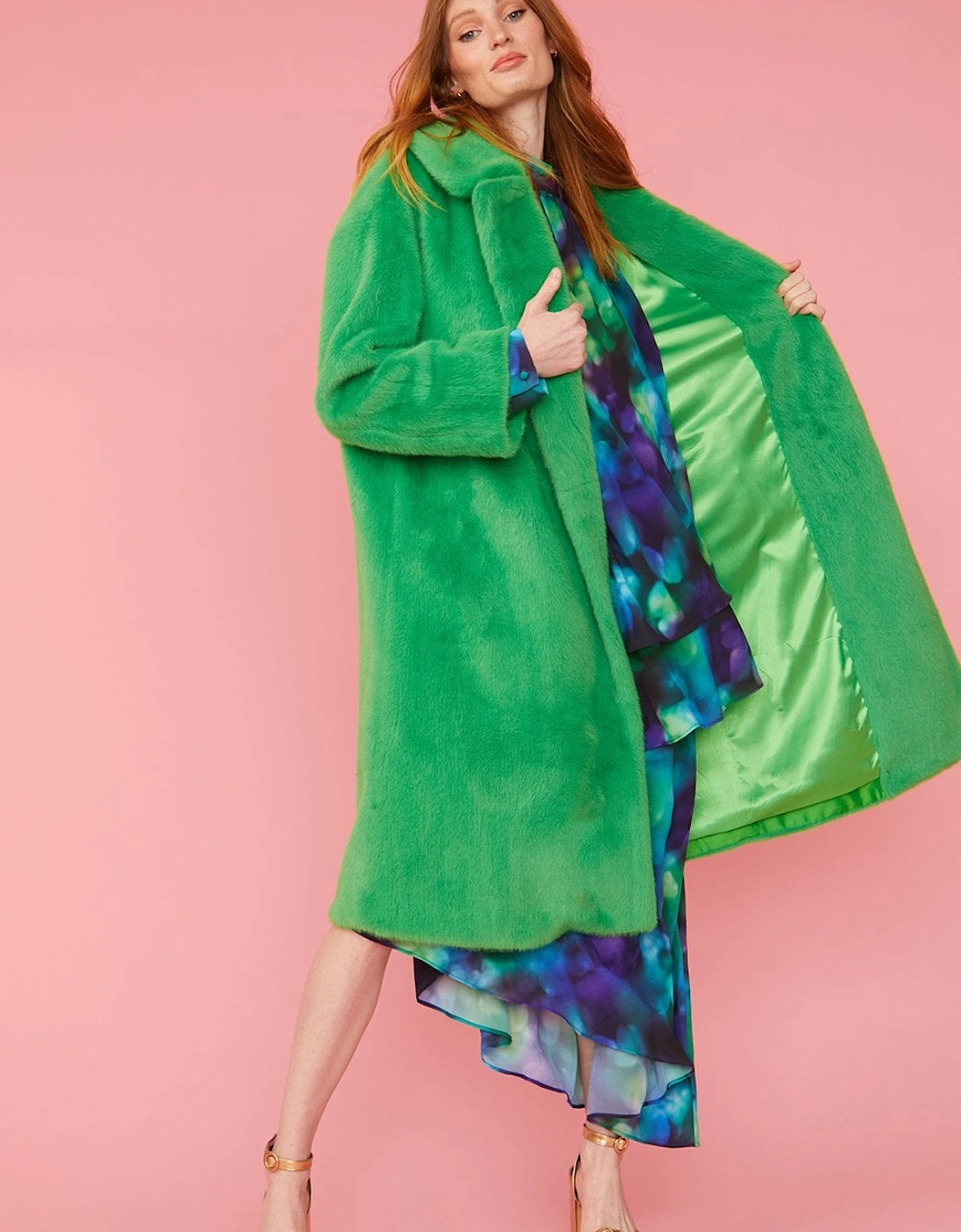 Green Faux Fur Midi Coat