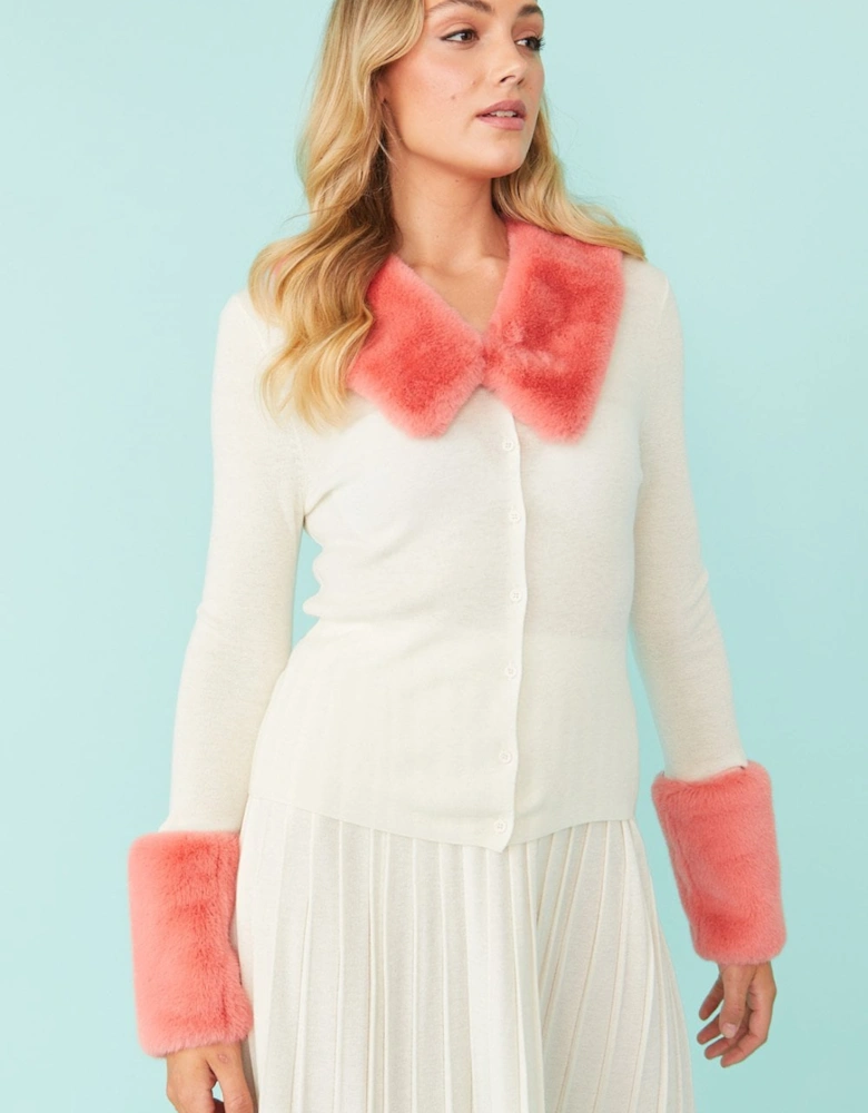 White Abigail Cashmere Cardigan With Pink Detachable Collar & Cuffs