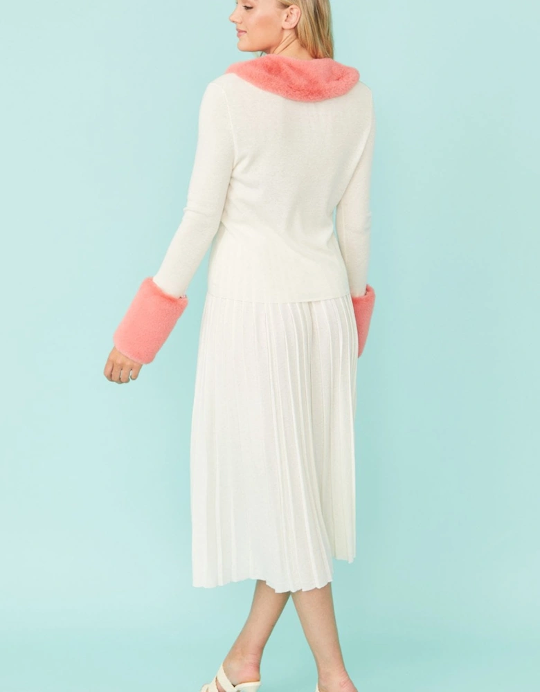 White Abigail Cashmere Cardigan With Pink Detachable Collar & Cuffs