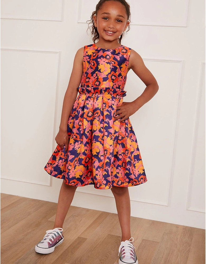 Girls Floral Abstract Midi Dress - Navy