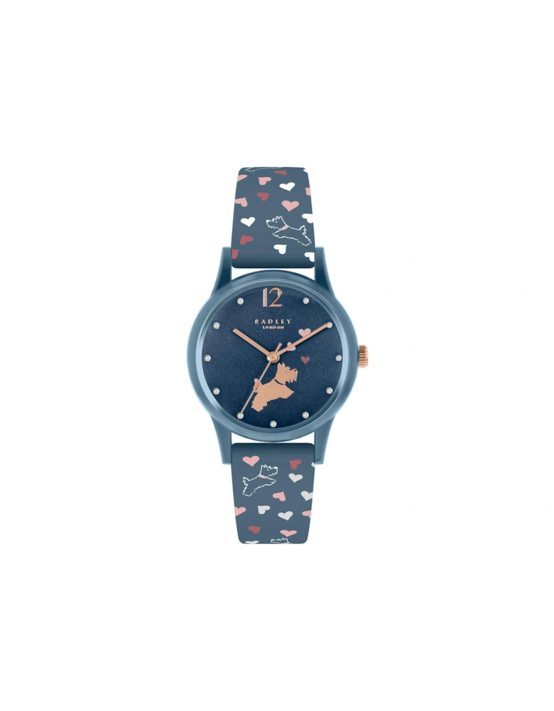 Ladies Large Vintage Blue Heart Print Silicone Strap Watch RY21376
