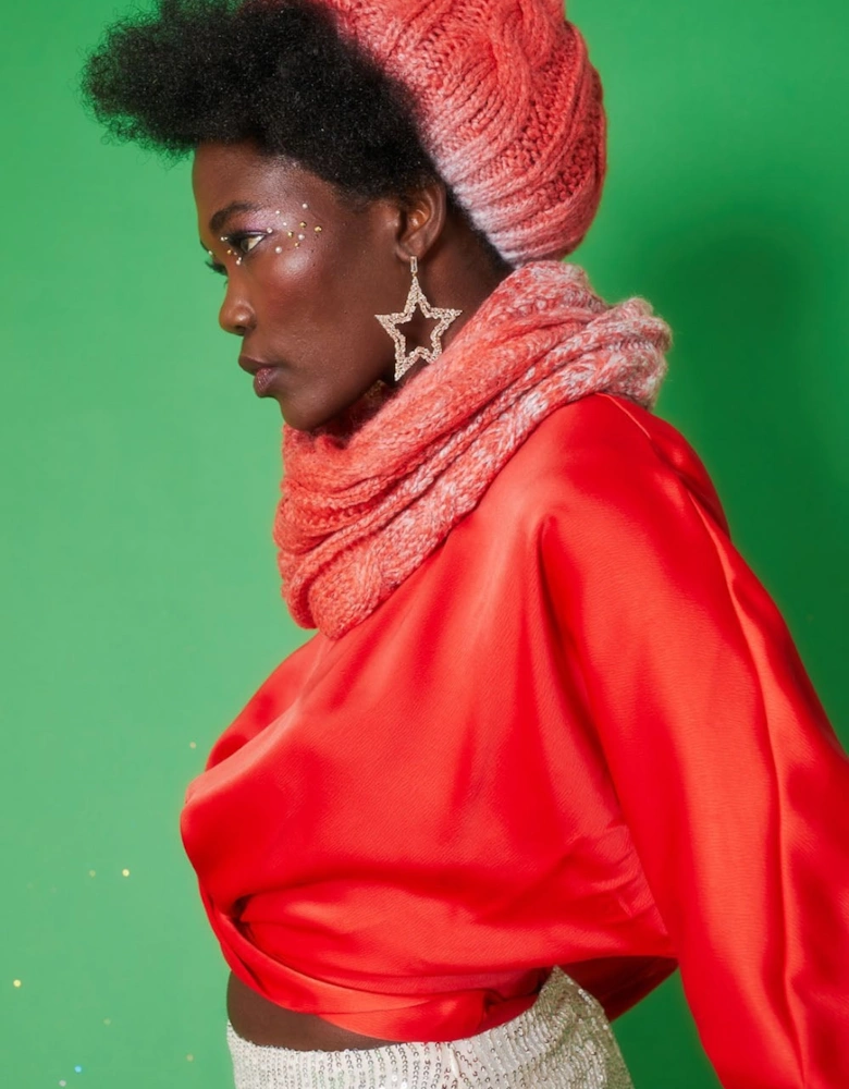 Handmade Knitted Wooly Scarf and Hat Set in Orange and Red