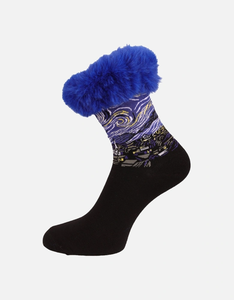 Black Abstract Silk Blend Faux Fur Socks