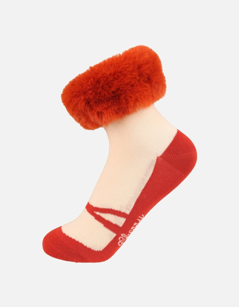 Cream Socks with Orange Faux Fur Trim and Detailing