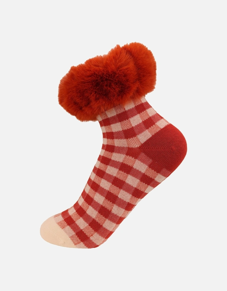 Checkered Socks with Orange Faux Fur Trim