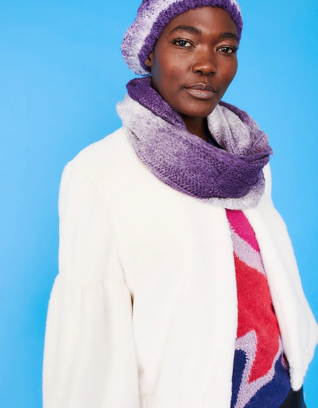 Handmade Knitted Wooly Scarf and Hat Set in White and Purple