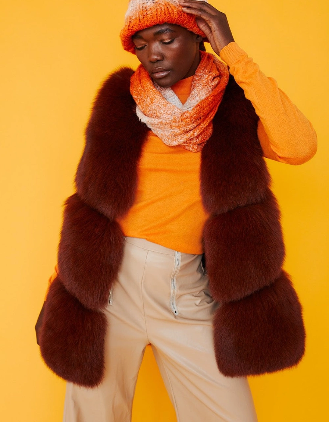 Handmade Knitted Wooly Scarf and Hat Set in Orange and White