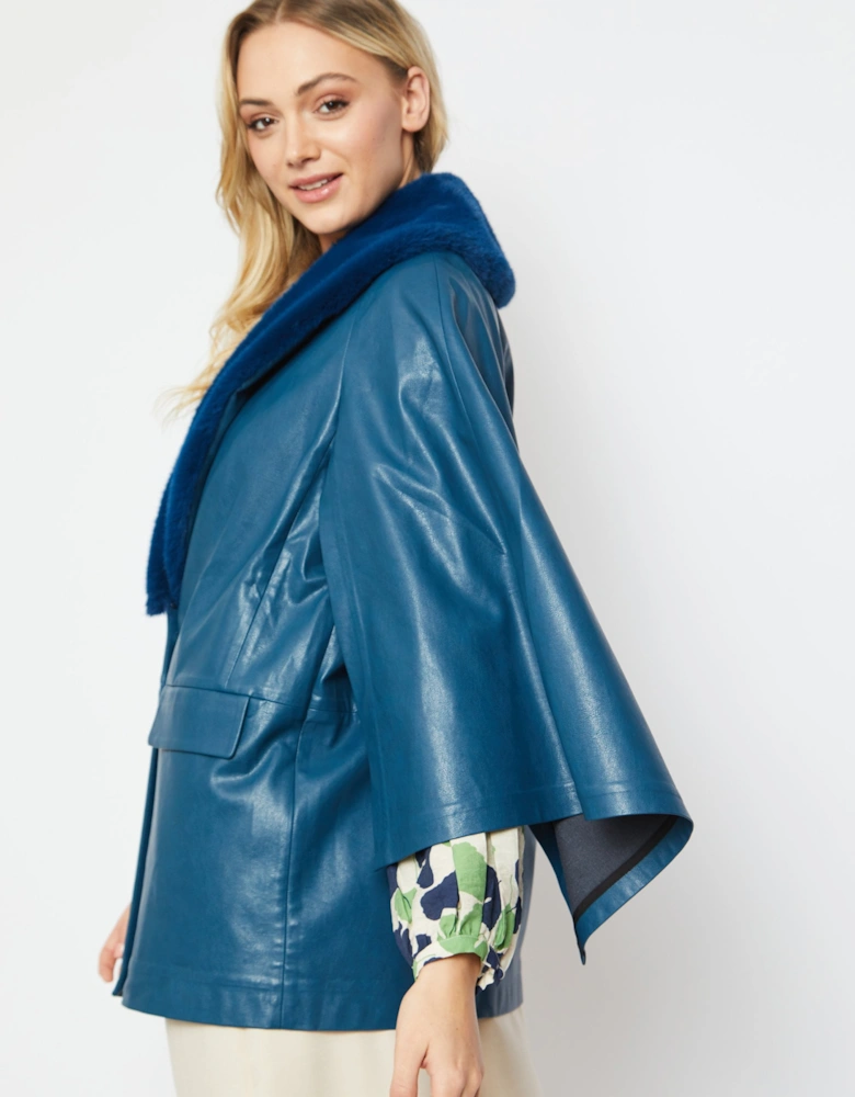 Blue Faux Leather Cape Jacket Detachable Collar