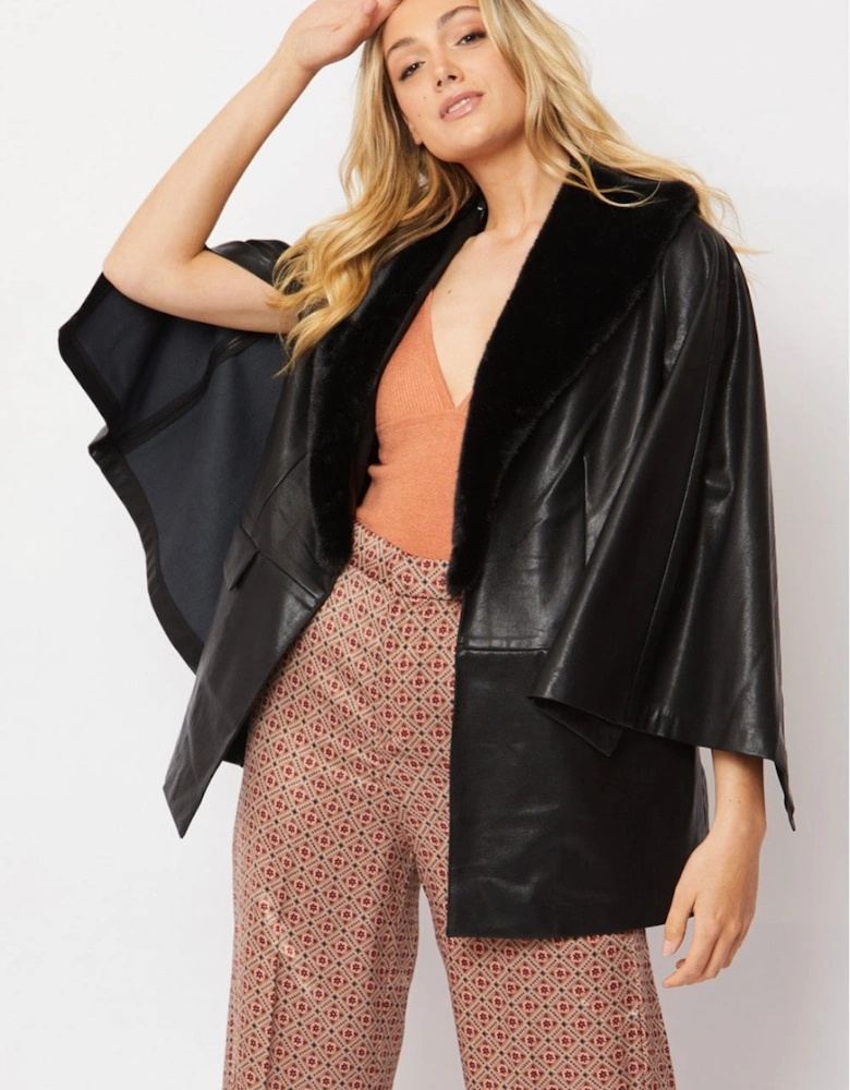 Black Faux Leather Cape Jacket Detachable Collar