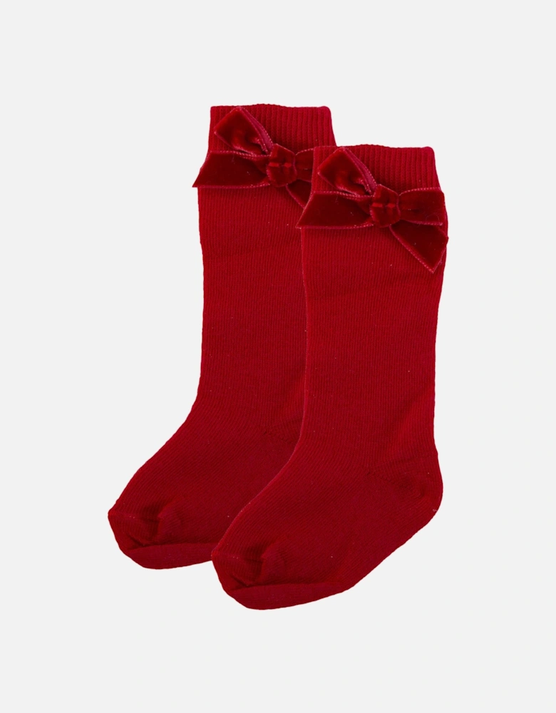 Red Velour Bow Knee Socks