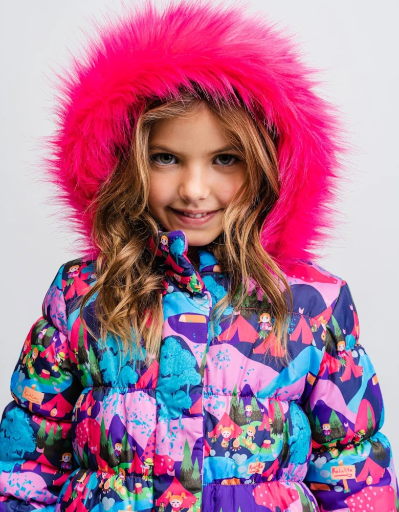 Navy Multicoloured Long Puffer Coat