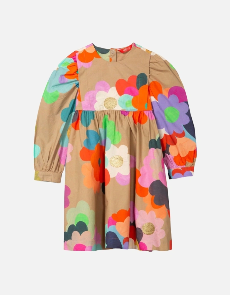 Tan Multicoloured Flower Dress