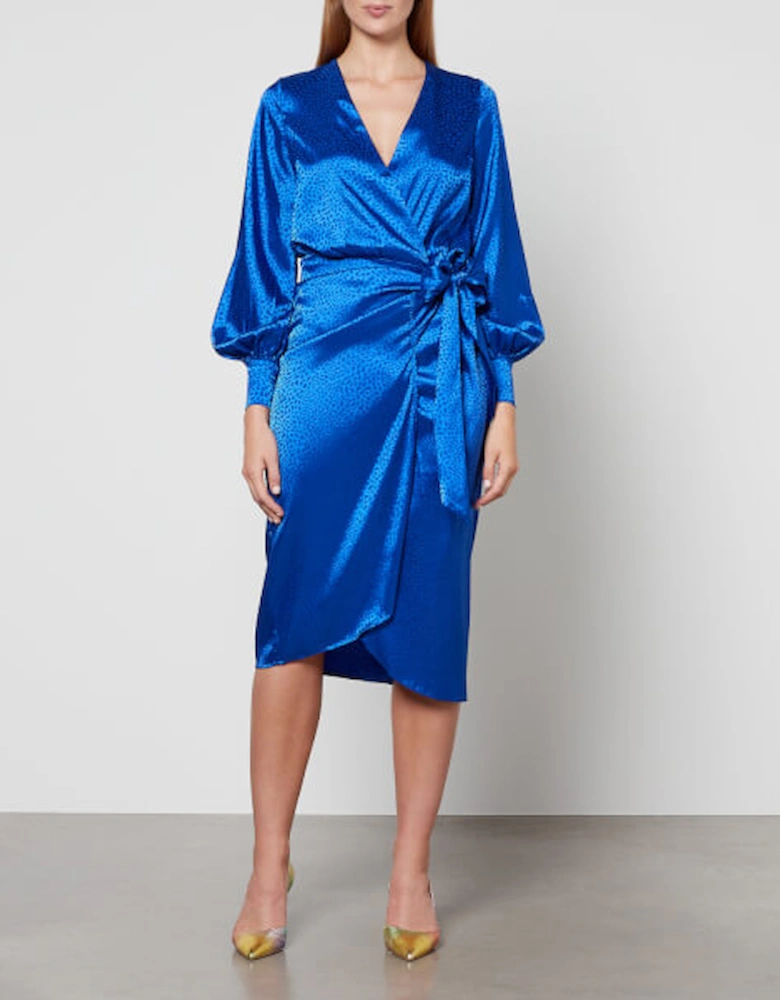 Blue Jacquard Wrap Satin Midi Dress