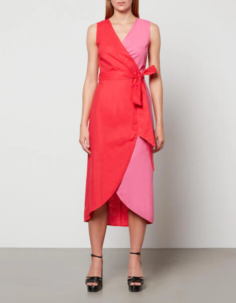 Colour-Blocked Linen-Blend Wrap Midi Dress
