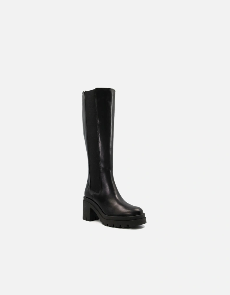 Ladies Time - Leather Block Heel Knee-High Boots