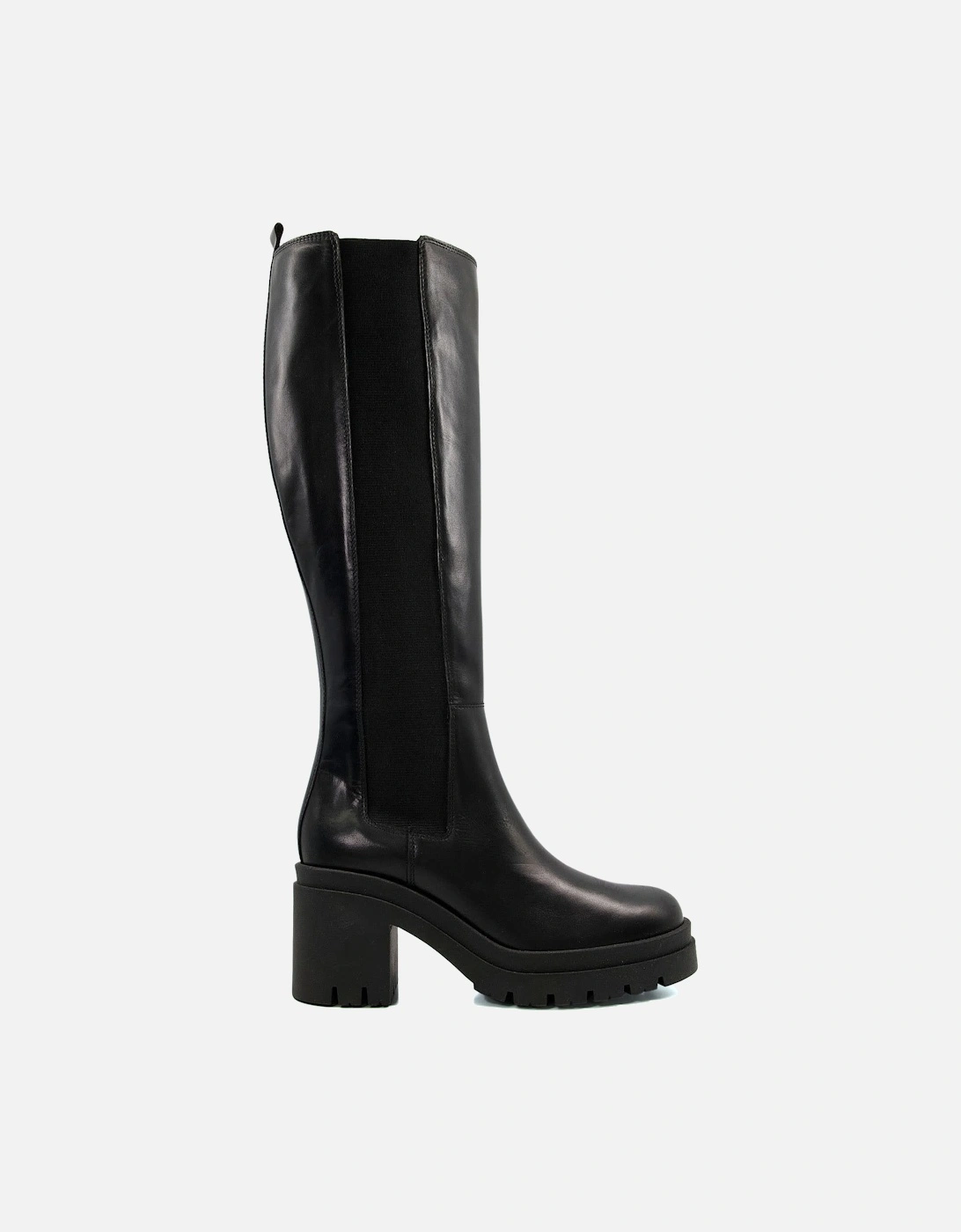 Ladies Time - Leather Block Heel Knee-High Boots