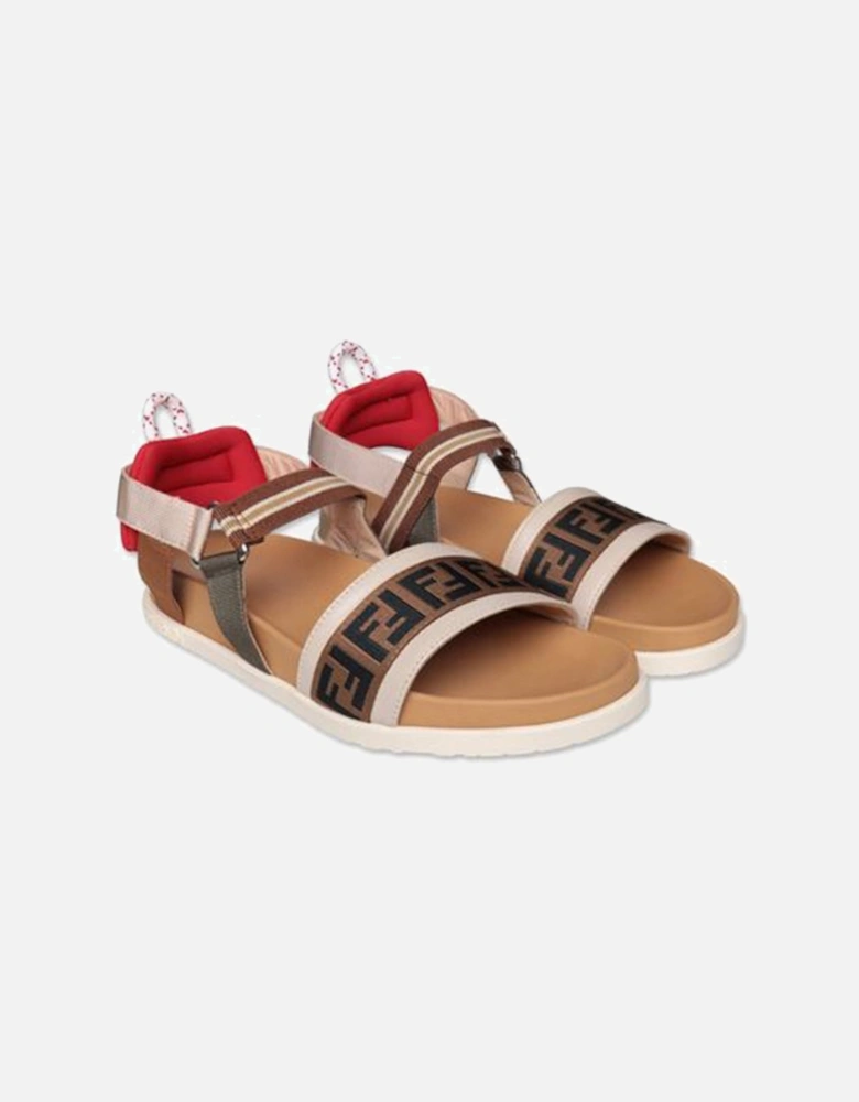 Unisex Ff Print Leather Sandals Brown