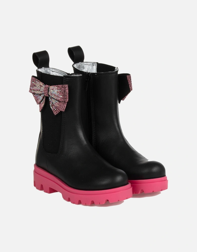 Girls Black Leather Bow Boots