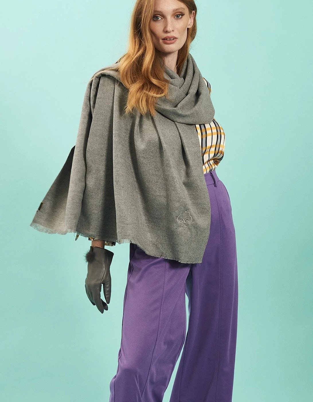 Cashmere Blend Wrap in Grey with Fringed hem and Logo