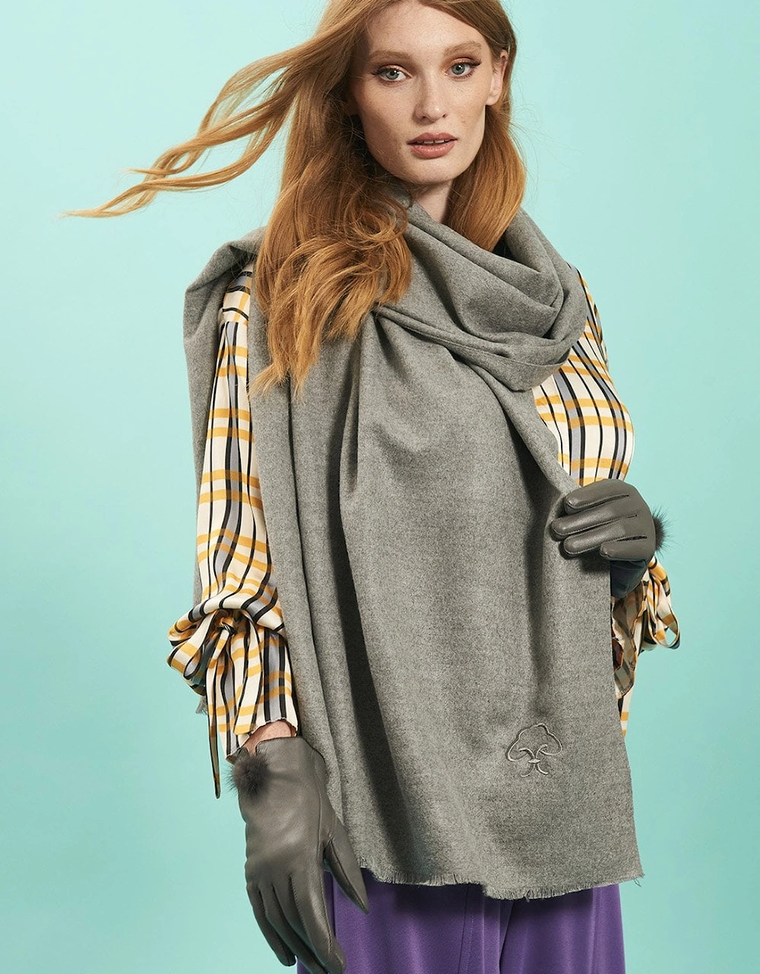 Cashmere Blend Wrap in Grey with Fringed hem and Logo, 4 of 3