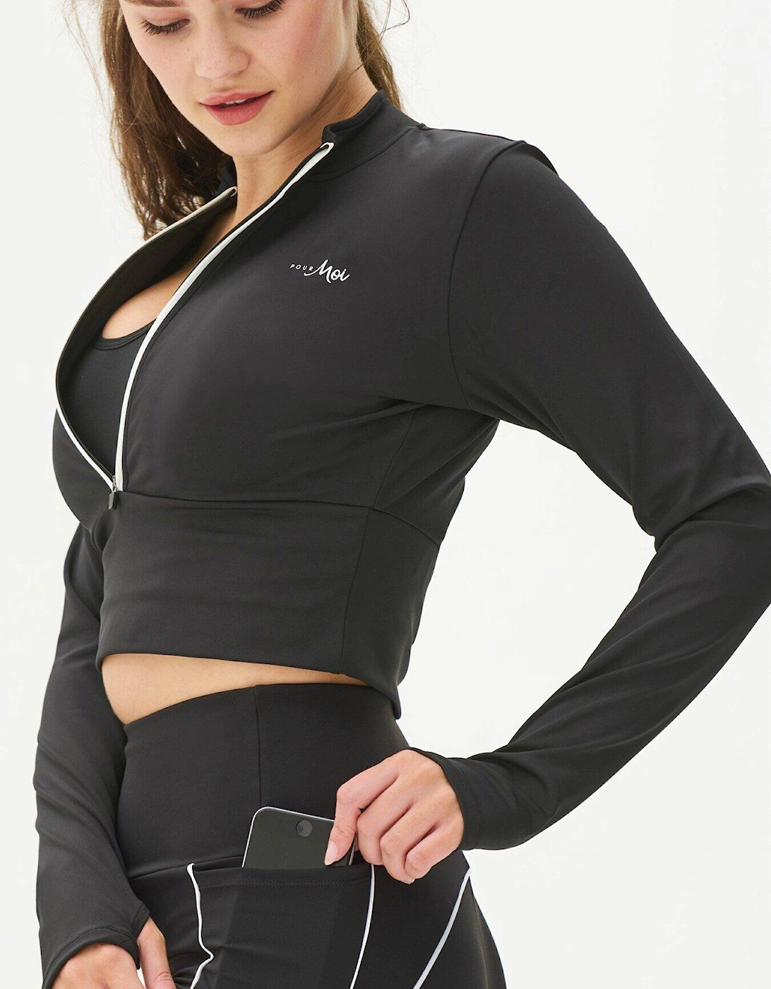 Pour Moi Energy Long Sleeve Half Zip Cropped Top - Black/White, 2 of 1