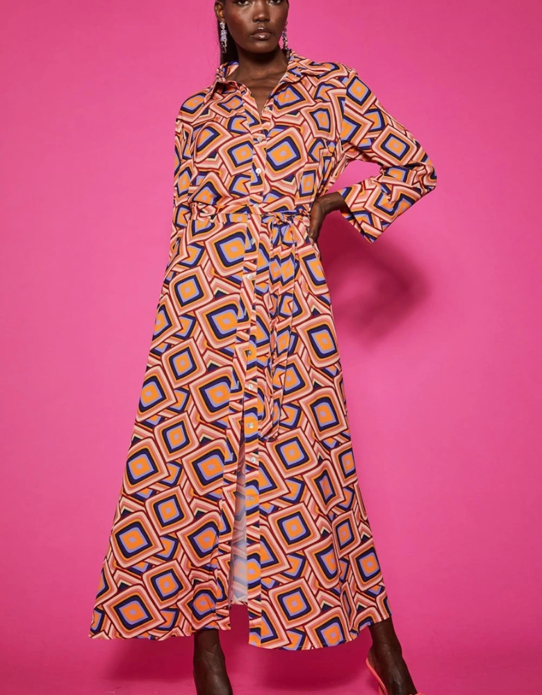 Silk Blend Maxi Shirt Dress in Geometric Print